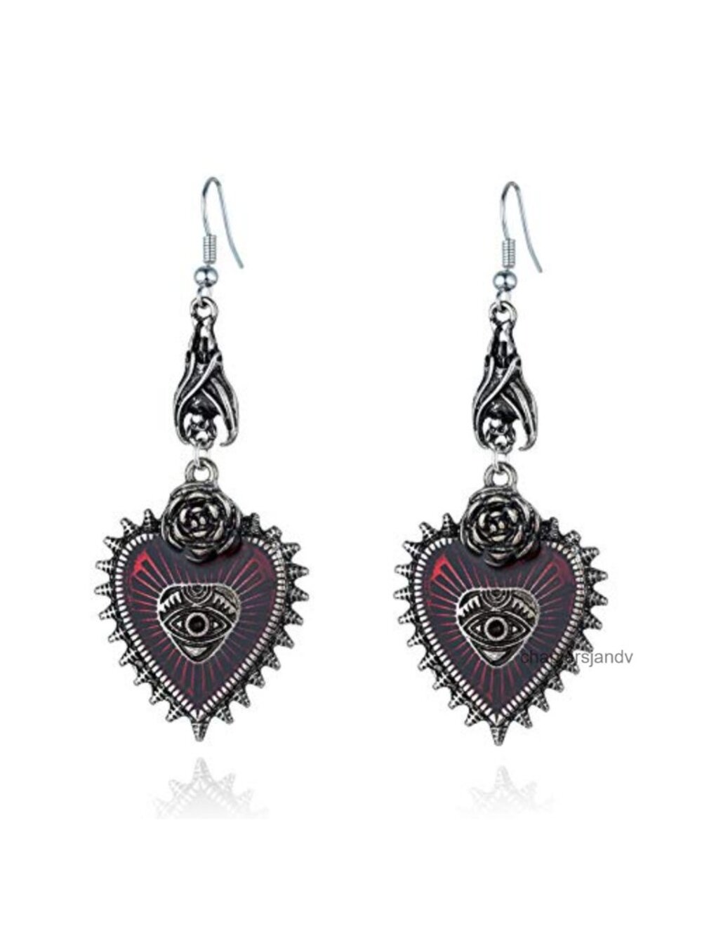 Alloy Gothic Bat Evil Eye Red Heart Dangle Earrings French Wire